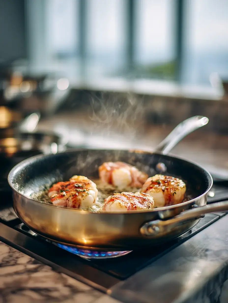 Langoustine medallions searing in skillet
