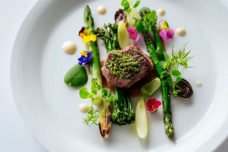 Herb-crusted lamb chop with seasonal vegetables and velouté