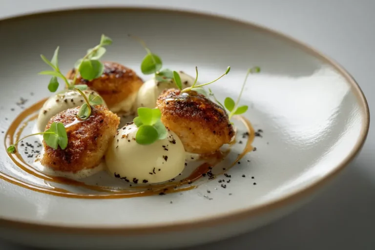 Crispy golden potato bites with creamy mashed potato quenelles and microgreens on a white plate