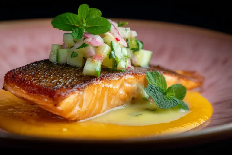 Pan-seared salmon with saffron purée and fresh cucumber radish salsa.