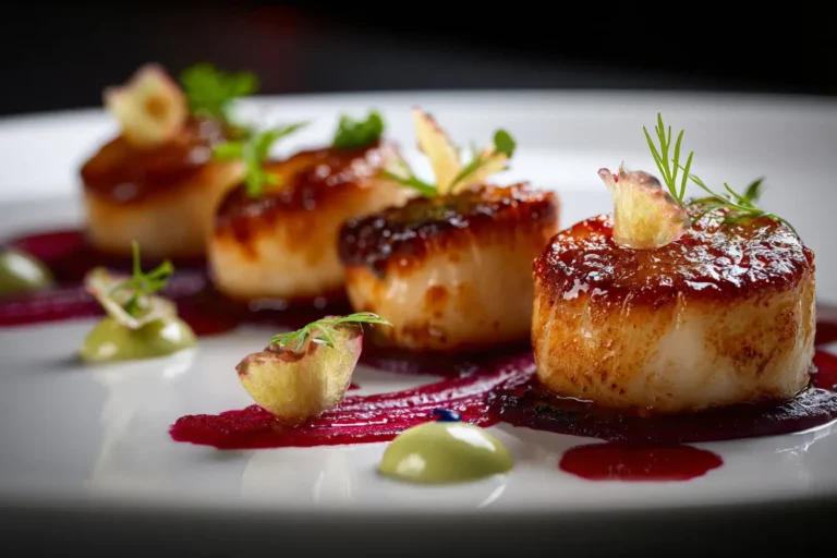 Golden Seared Scallops with Beet Purée and pea cream