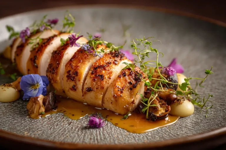 Sliced crispy chicken breast with natural jus and herbs on a ceramic plate