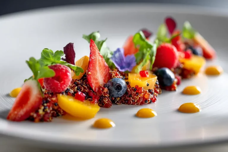 Quinoa salad with fresh berries and citrus sauce dots on white plate