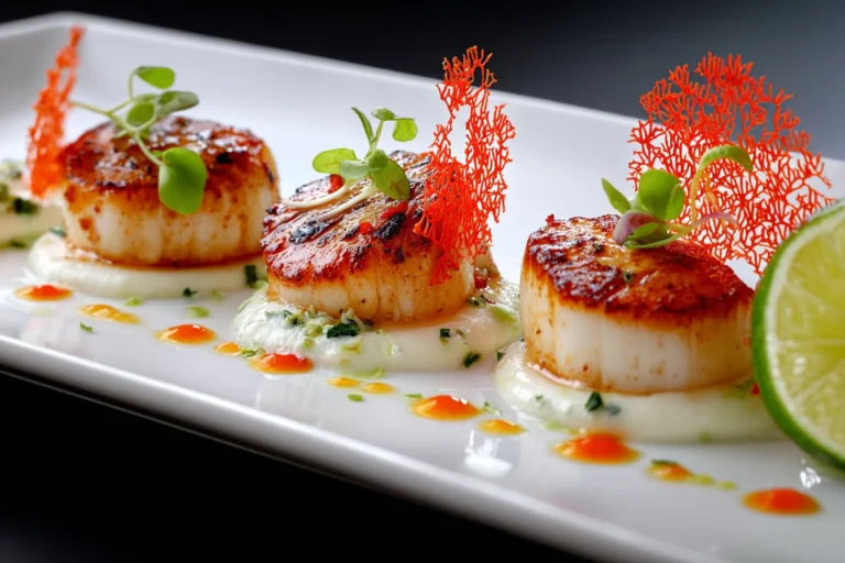 Pan-seared scallops with cauliflower purée, coral tuile, and lime garnish