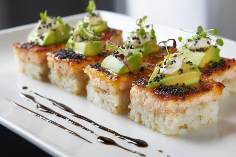 Sushi bake salmon avocado squares topped with avocado and sesame seeds