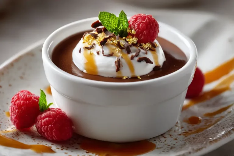 Milk Chocolate Pots de Crème topped with whipped cream, raspberries, caramel drizzle, and chocolate shavings in a white ramekin