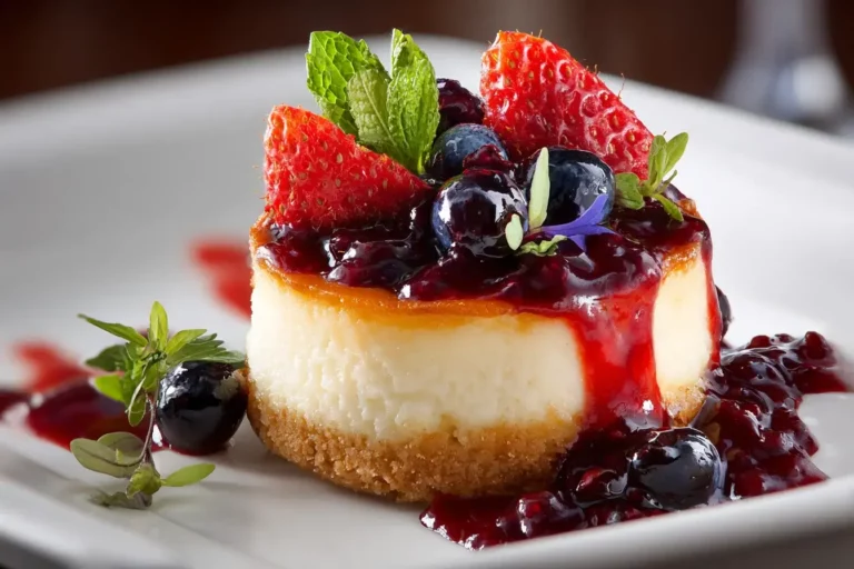 Mini baked cheesecake topped with glossy mixed berry sauce and fresh berries on a white plate