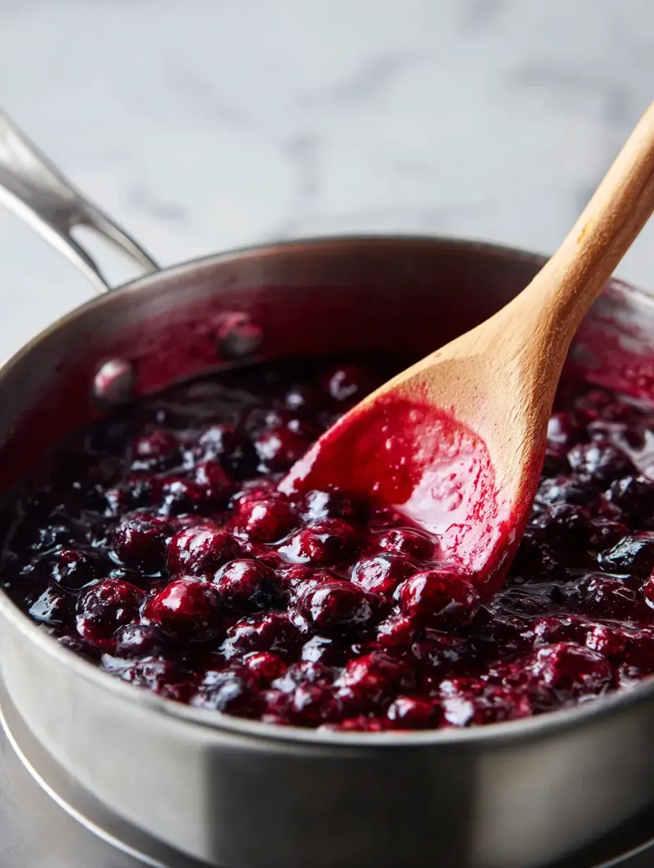 Mixed berry sauce simmering in a saucepan for mini baked cheesecake topping