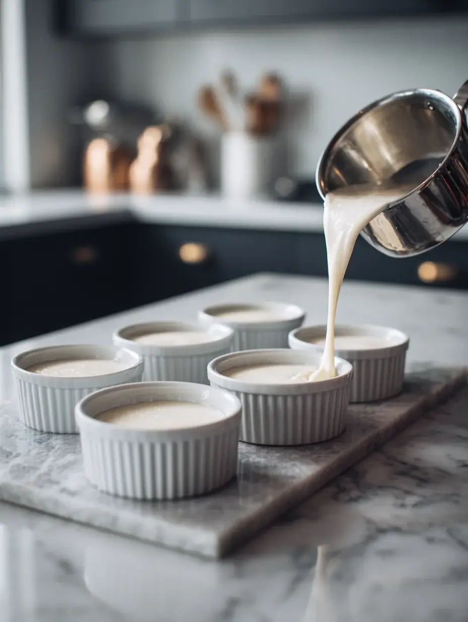 Pouring panna cotta mixture into white ramekins on marble countertop