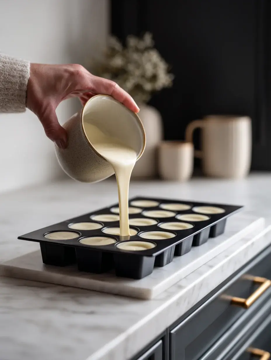 Pouring vanilla custard into mini molds for crème brûlée bites