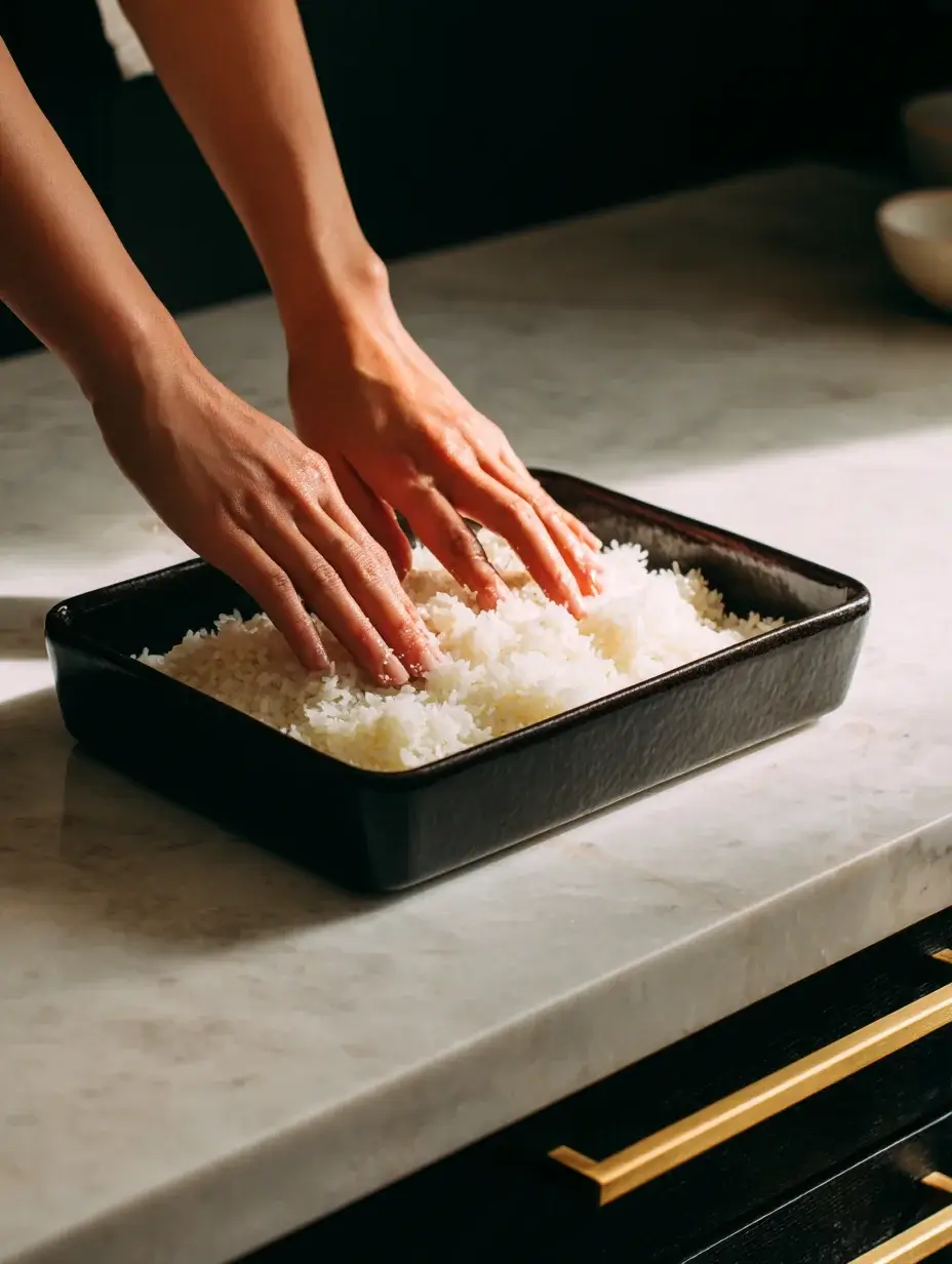 Pressing seasoned sushi rice into baking dish for sushi bake salmon avocado