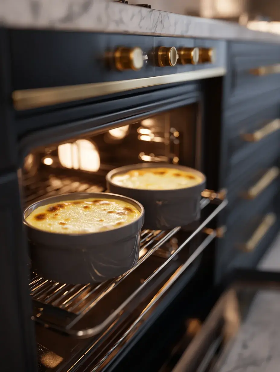 Ramekins baking in oven during honey flan preparation