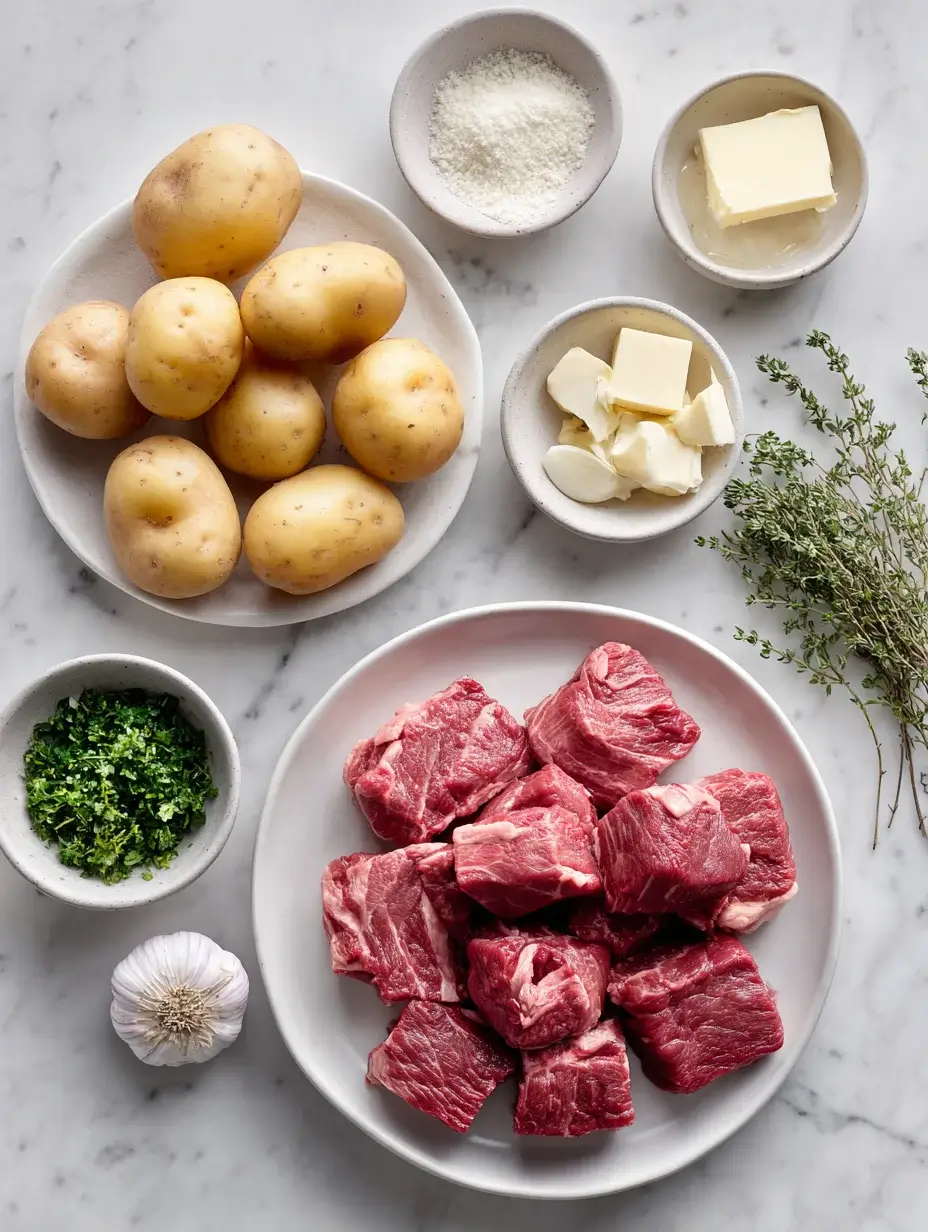 Raw beef chuck, potatoes, herbs, butter, and aromatics arranged on a marble countertop