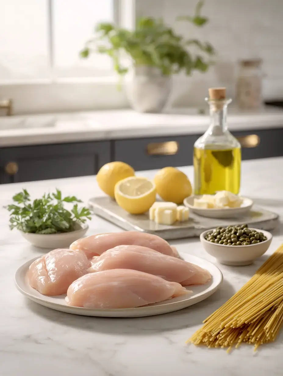 Raw ingredients for Chicken Piccata on marble countertop