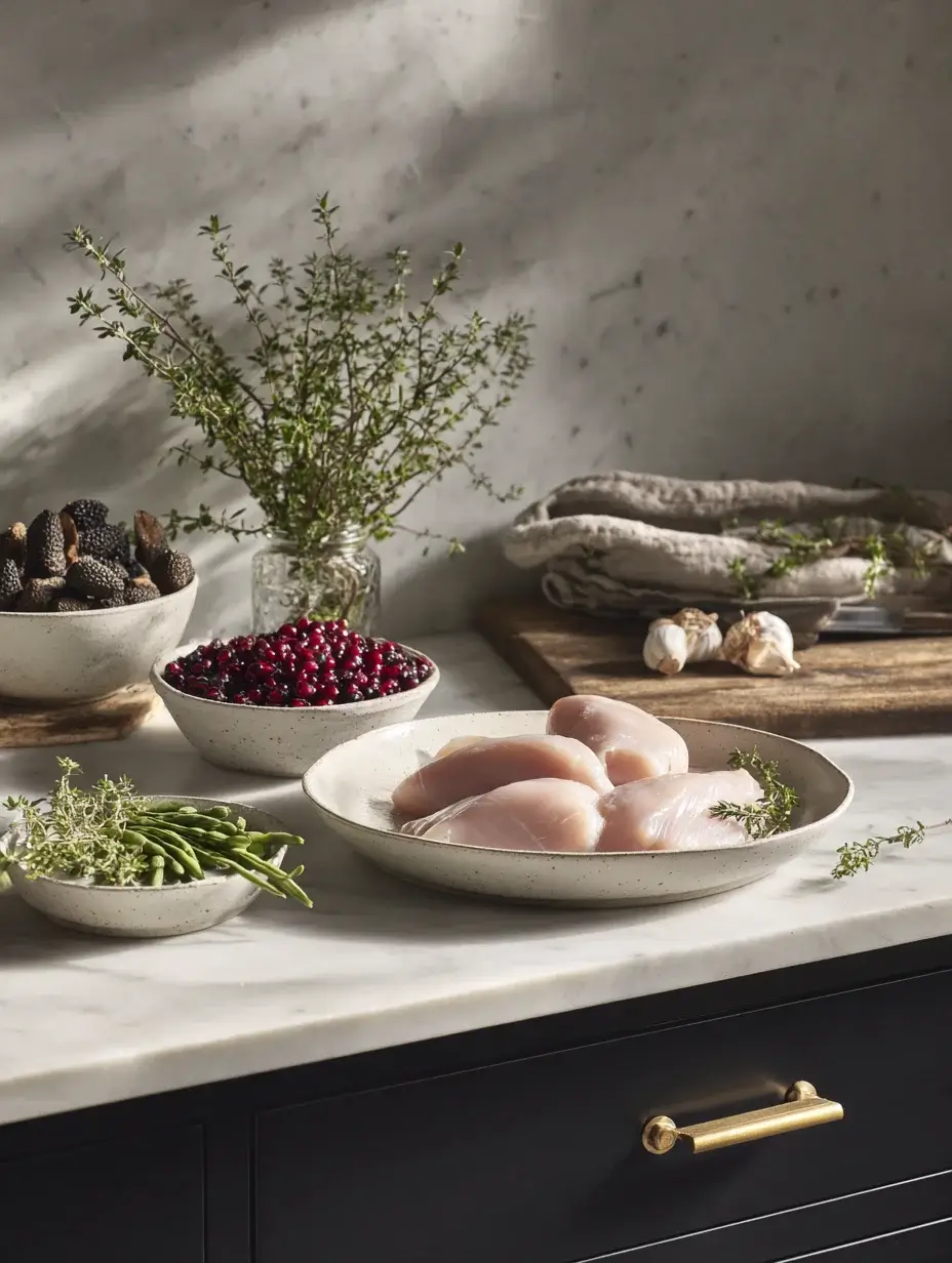 Raw chicken breasts arranged on a ceramic plate with morel mushrooms, red berries, herbs, and garlic on a marble countertop.
