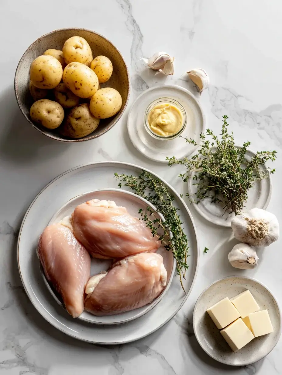 Raw chicken breasts with potatoes, garlic, thyme, butter, and Dijon on marble countertop