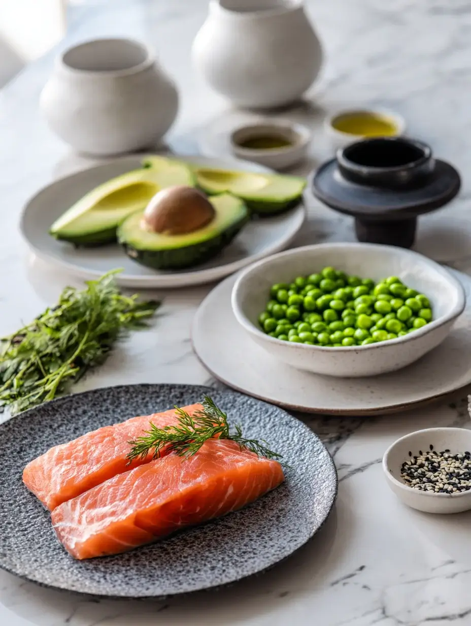 Ingredients for salmon pavé with avocado velvet and sesame crunch