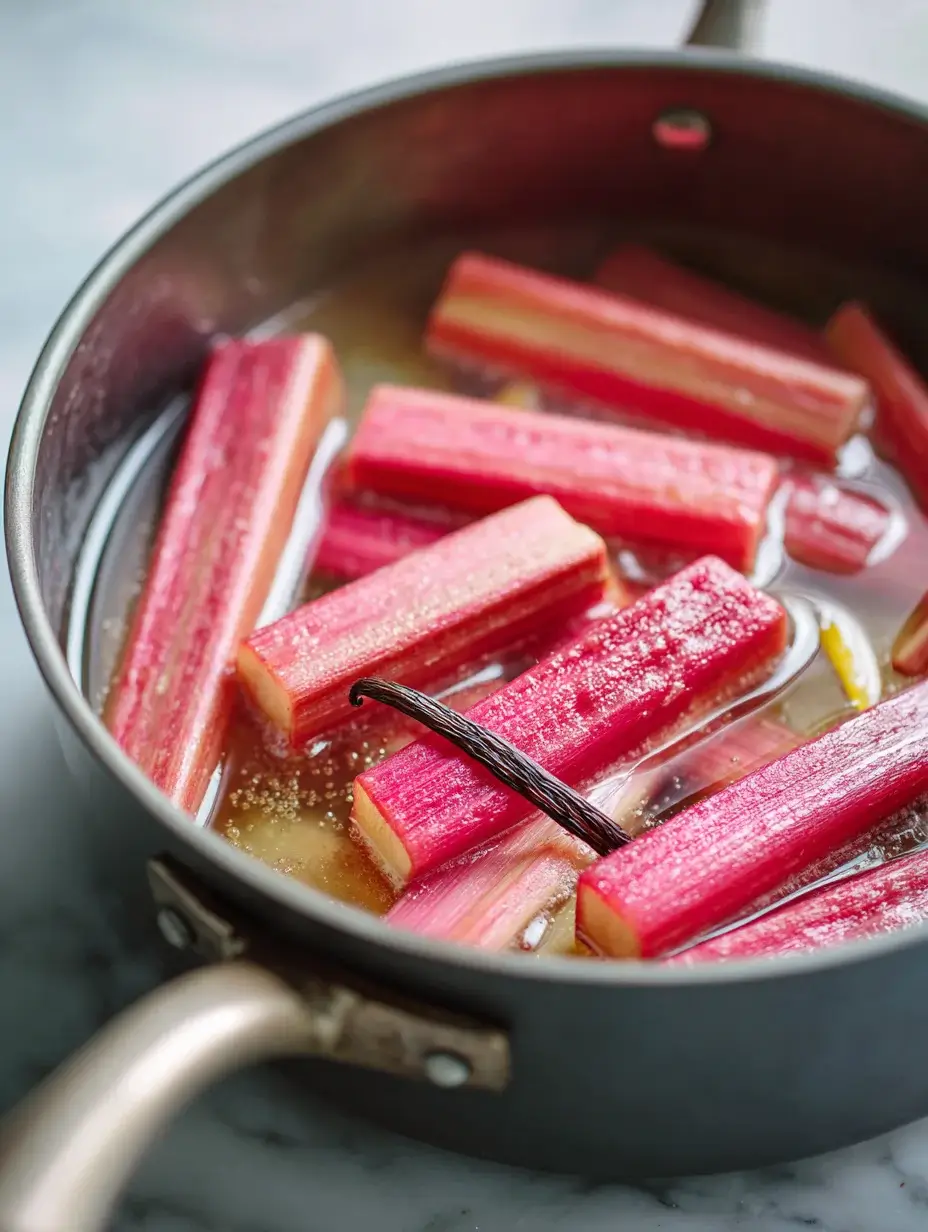 Rhubarb gently poaching in vanilla syrup on the stovetop