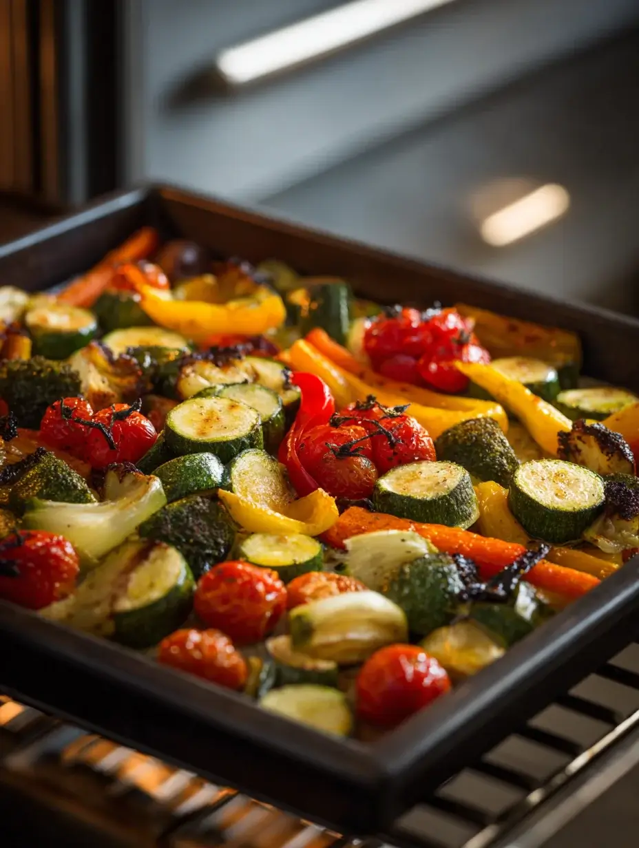 Roasted vegetables on baking tray in oven