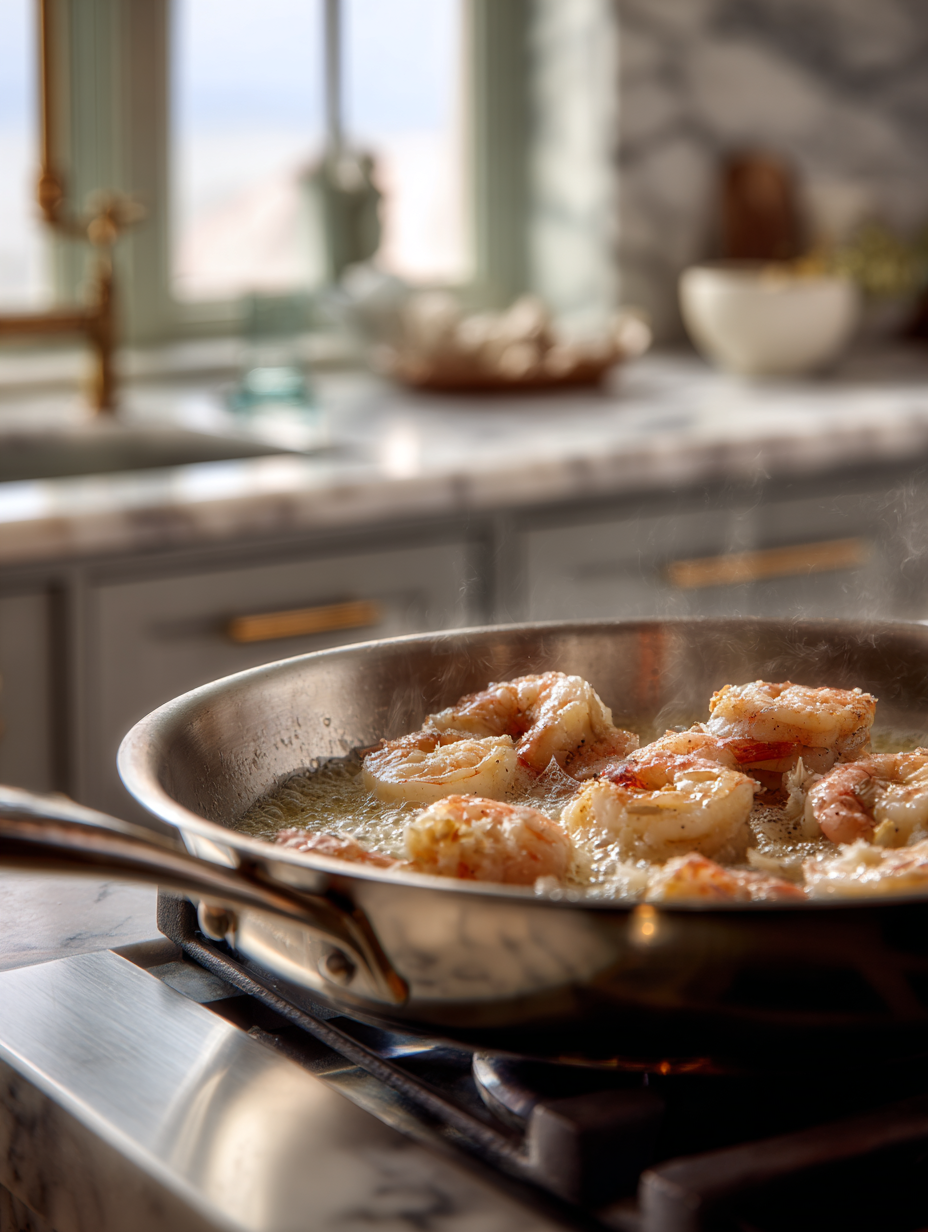 Shrimp and lobster searing gently in a skillet for shrimp and lobster duo recipe