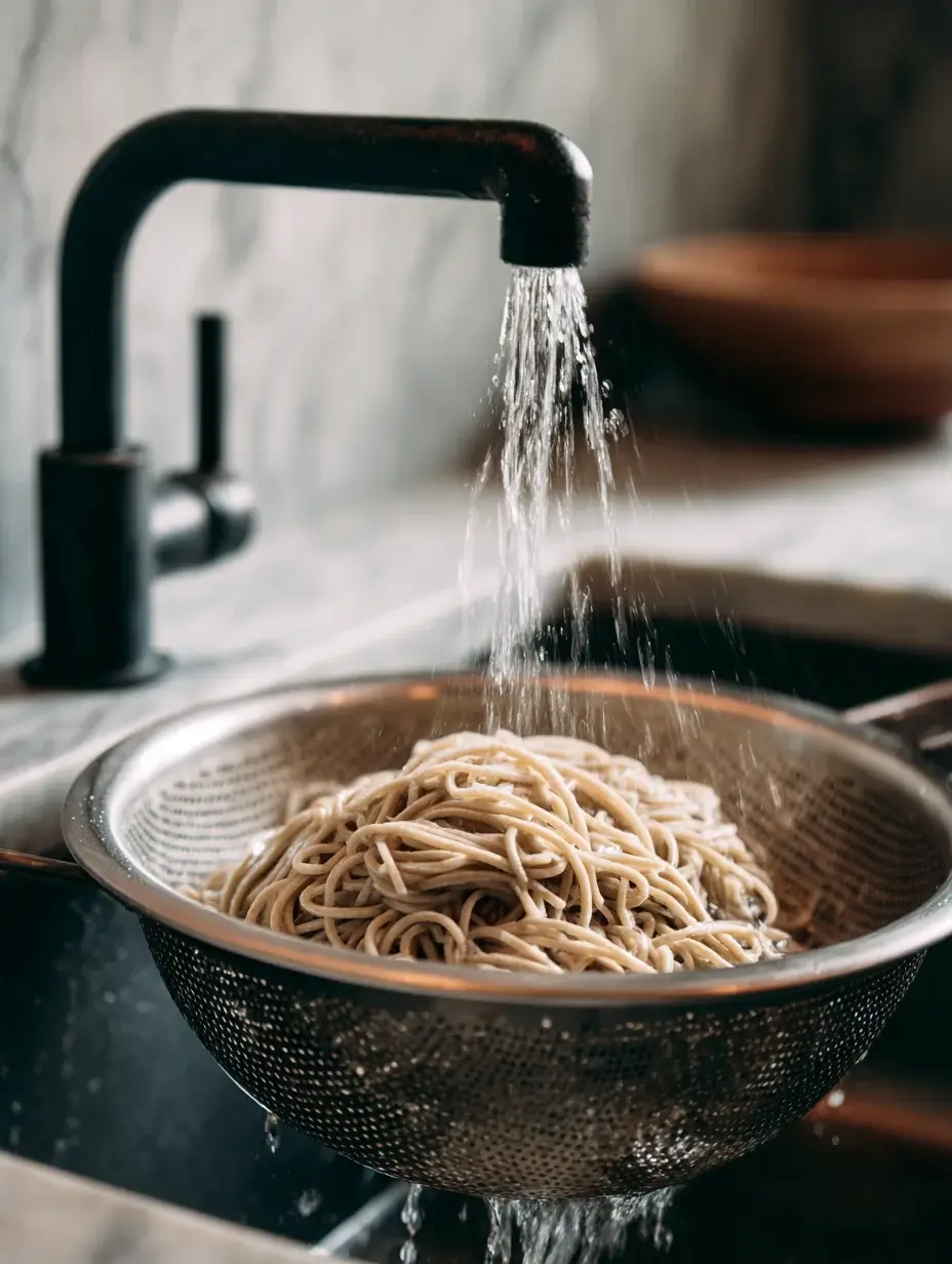 Soba noodles being rinsed under cold water in a colander
