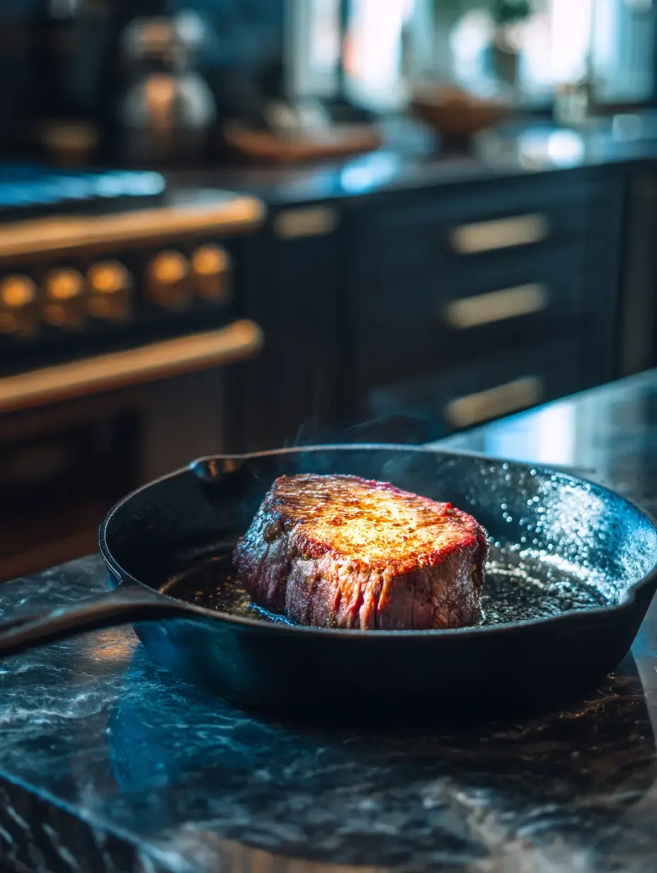Searing Sous Vide Beef Tenderloin in cast iron skillet