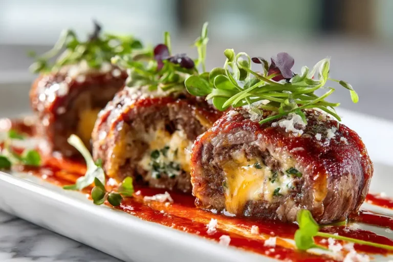 Stuffed meat rolls with melted cheese center and tomato glaze