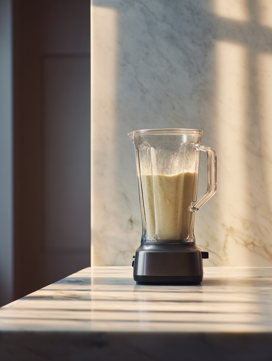 Sweet corn cream being blended until smooth for shrimp and lobster duo recipe