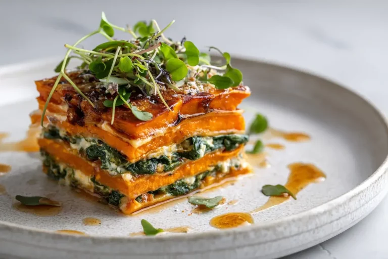 Sweet potato lasagna with spinach and ricotta layered and plated