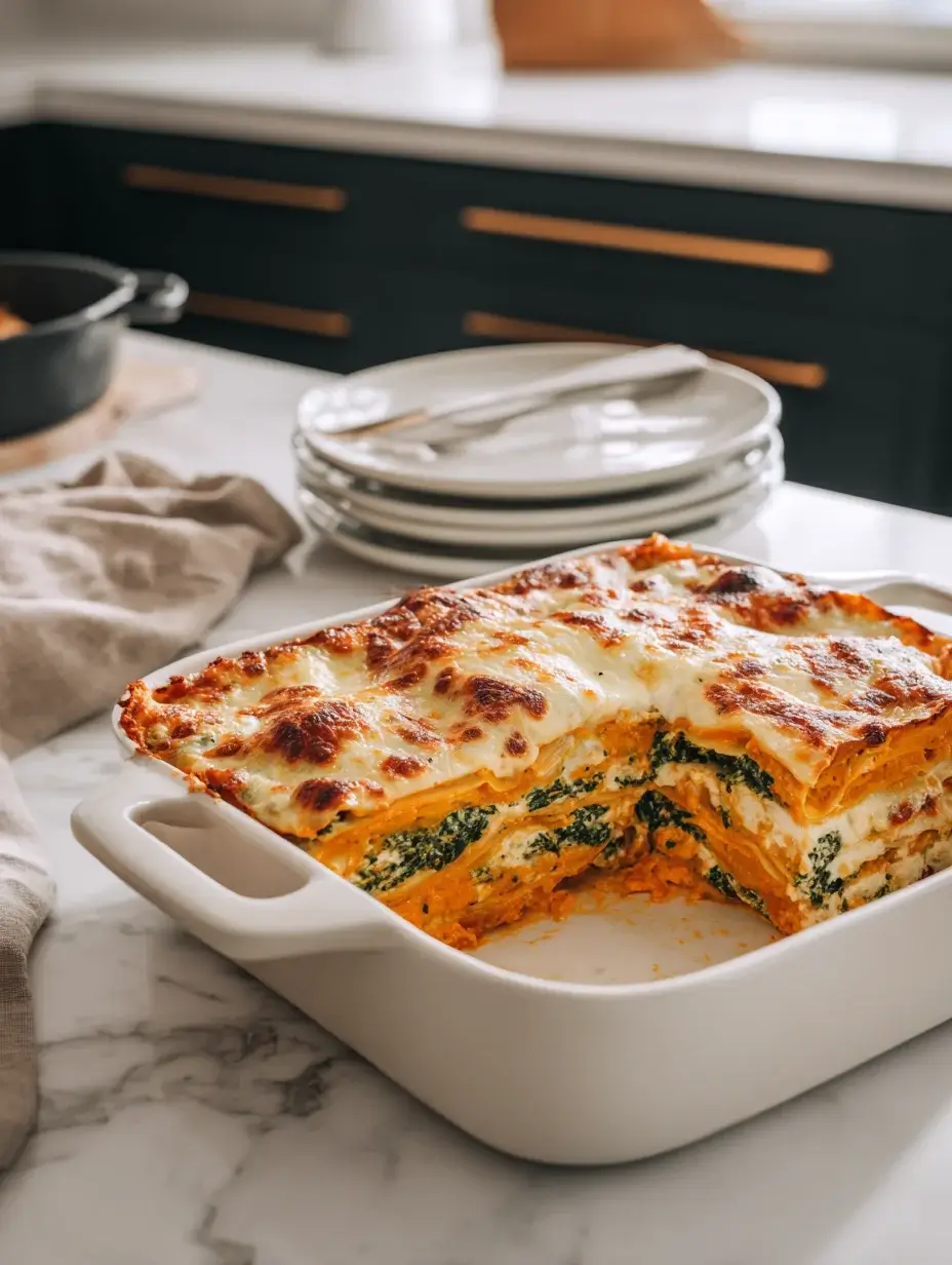 Sweet potato lasagna baked in a ceramic dish with spinach layers