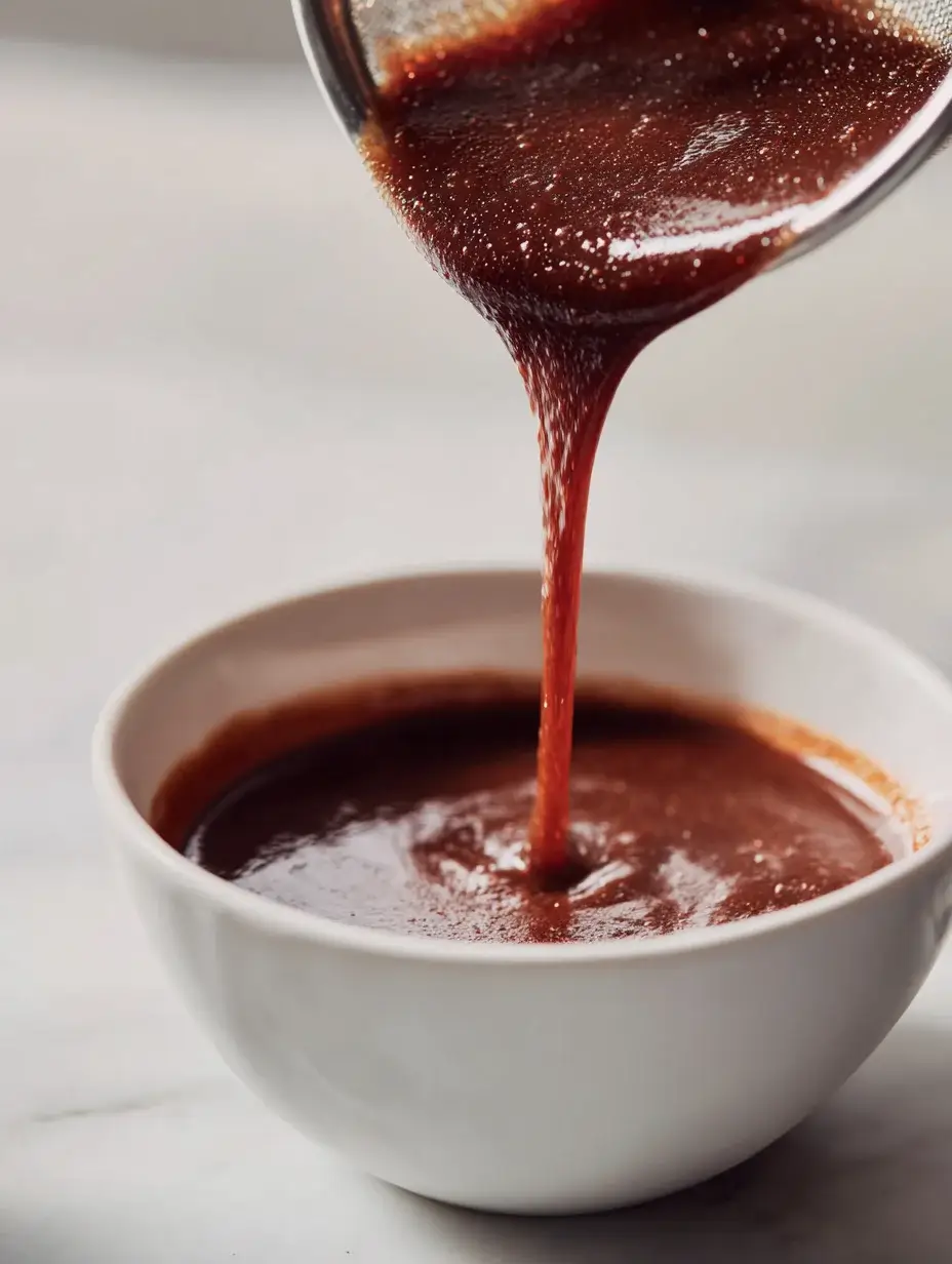 Thick fig jus being poured into a bowl, showing a smooth and glossy texture