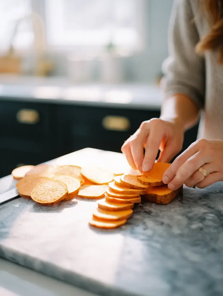Slicing sweet potatoes thinly on a marble countertop