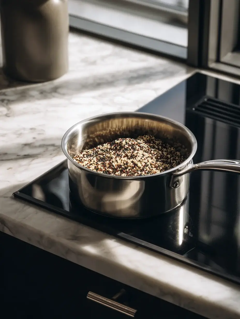 Tri-color quinoa cooking in stainless steel saucepan on modern stovetop