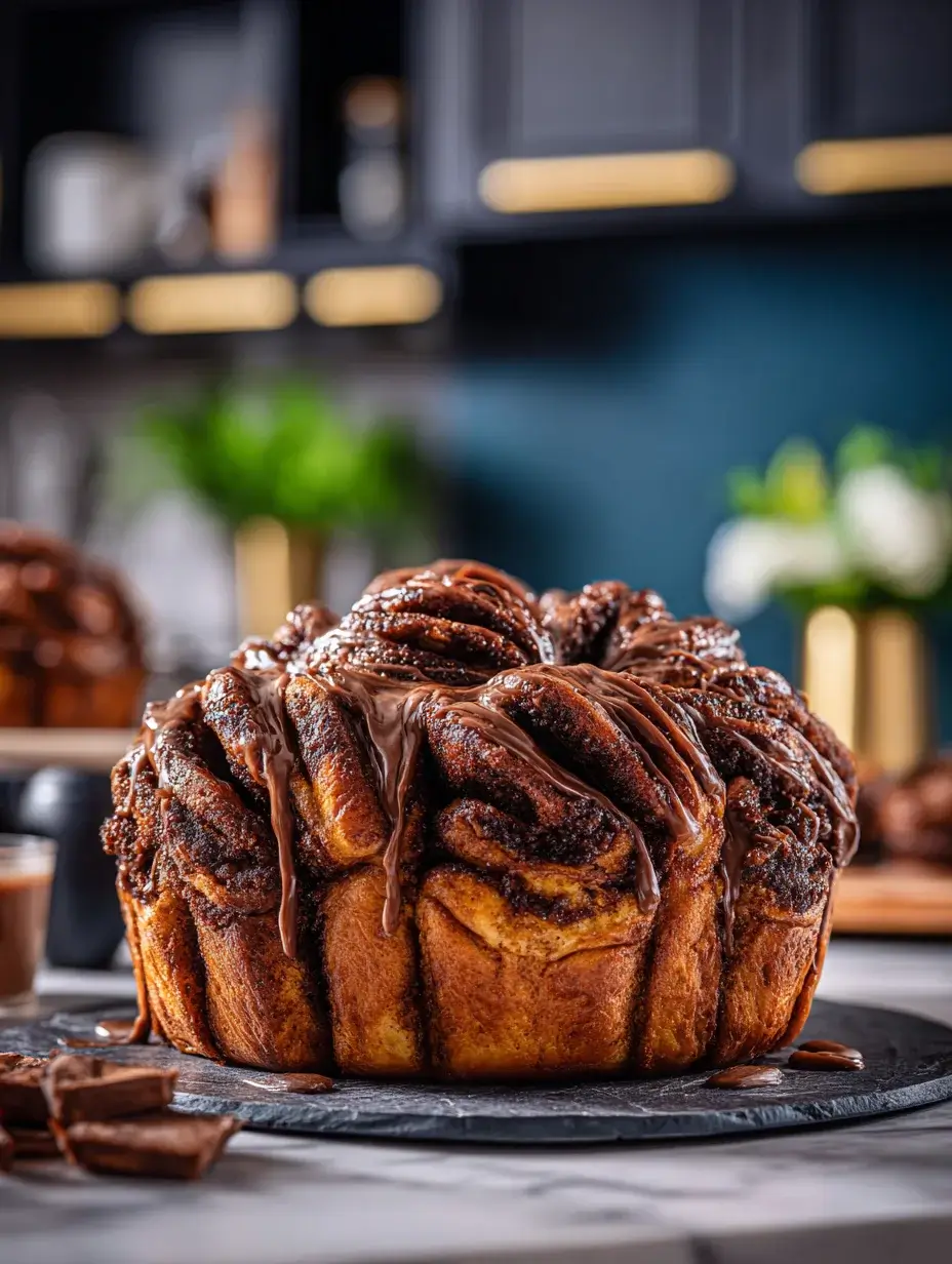 Pull-apart chocolate brioche with chocolate drizzle in modern kitchen