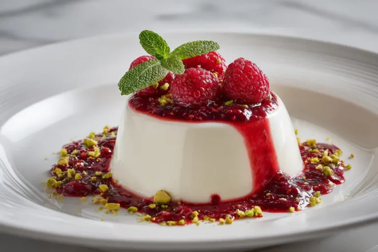 Vanilla panna cotta topped with raspberry sauce, fresh raspberries, and pistachios