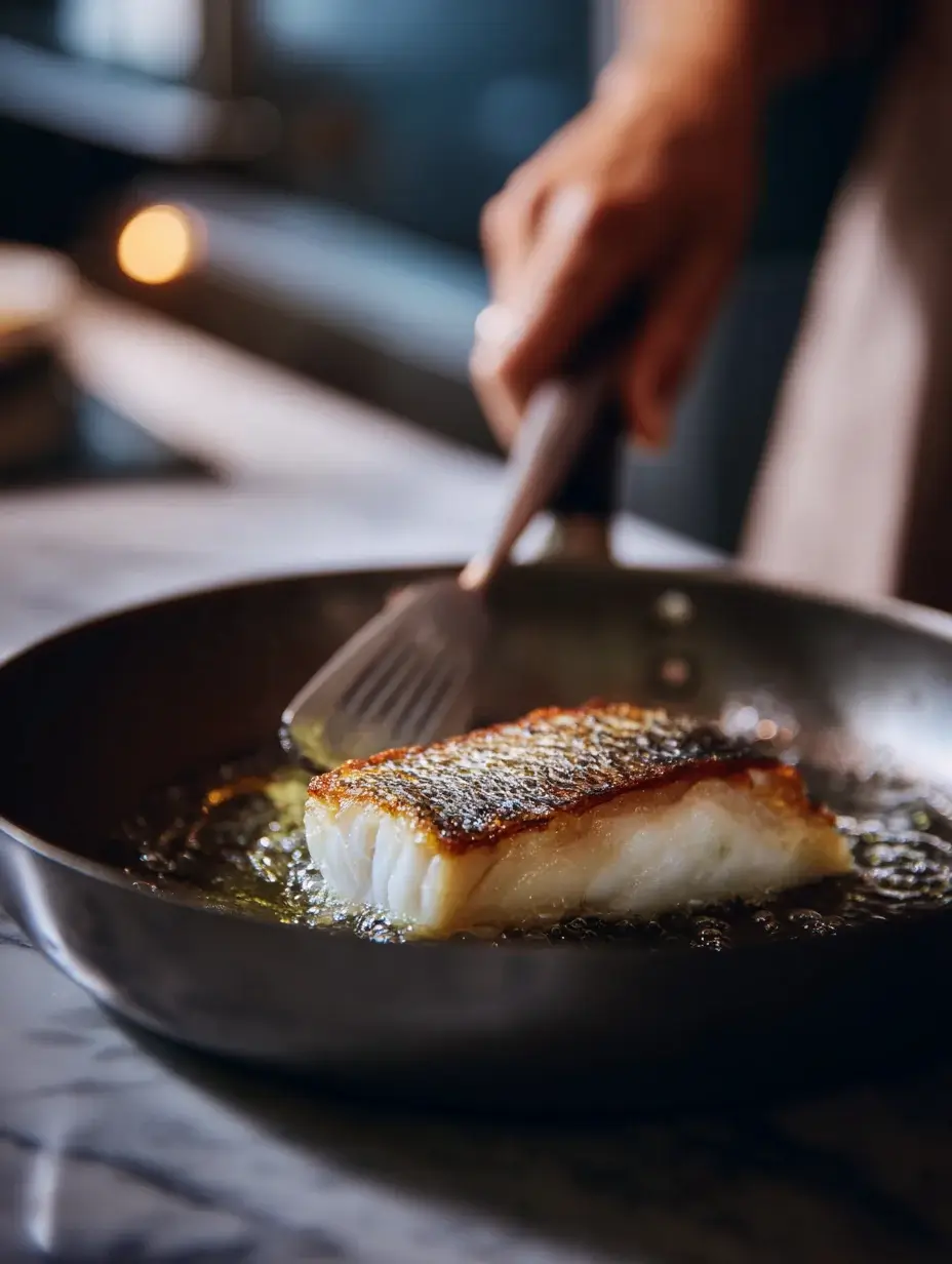 Crispy-skinned white fish cooking skin-side down in a skillet until golden and crisp