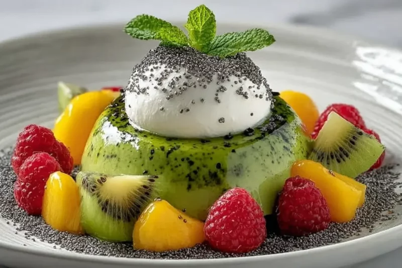 Matcha panna cotta with mango coulis and coconut mousse in modern marble kitchen
