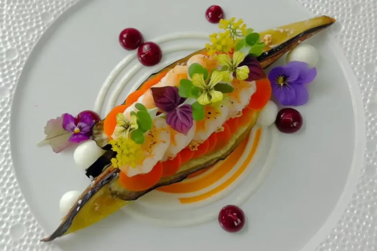 Smoked Eggplant and Shrimp with coconut purée and edible flowers