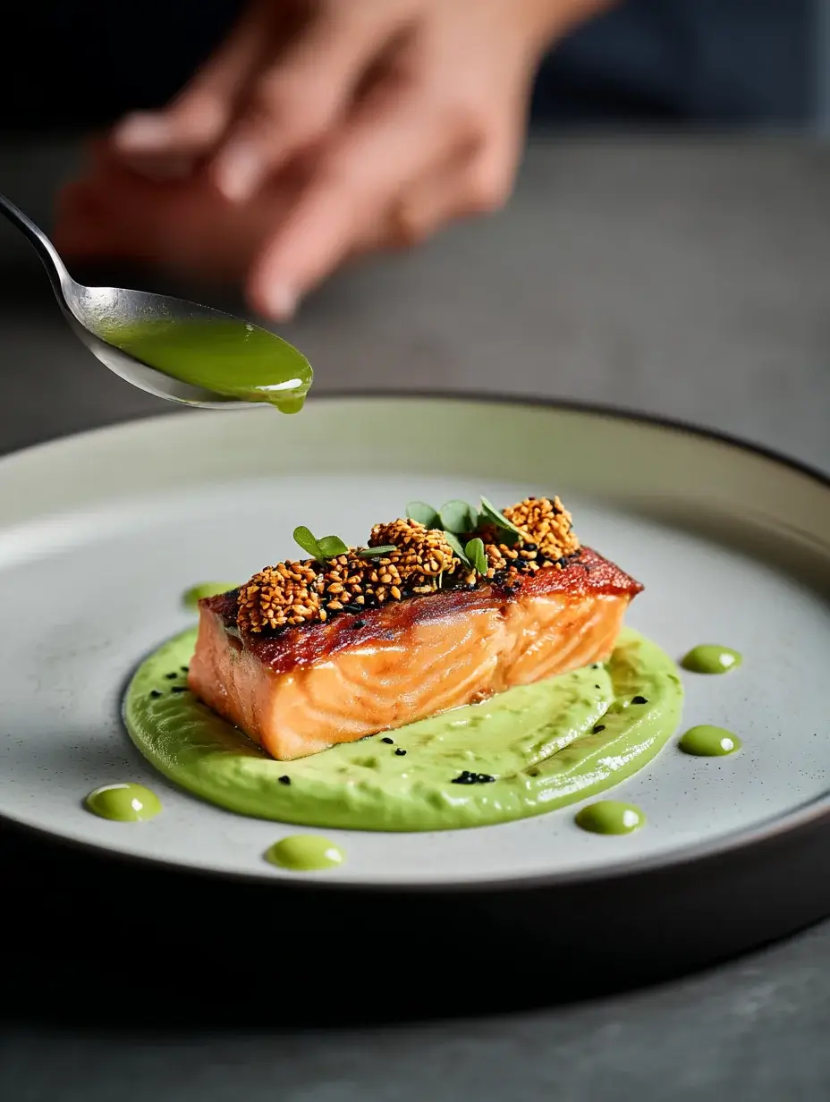 Plating salmon pavé with avocado velvet and herb oil