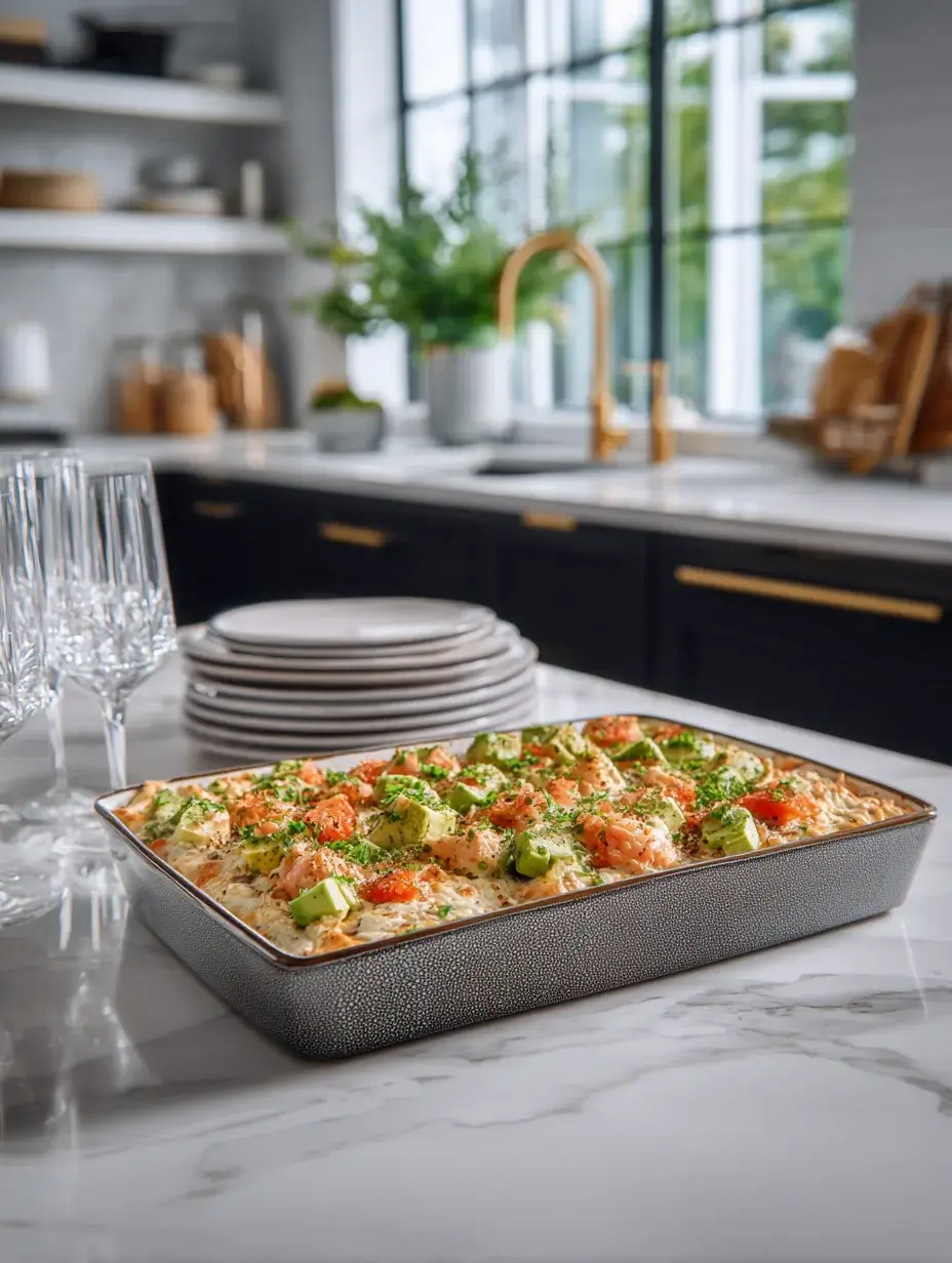 Sushi bake salmon avocado in baking dish on marble countertop