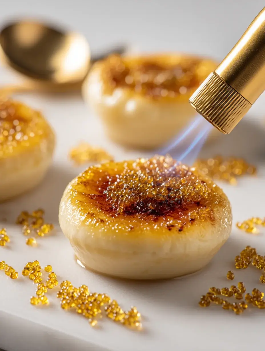 Torch caramelizing sugar on mini crème brûlée bite