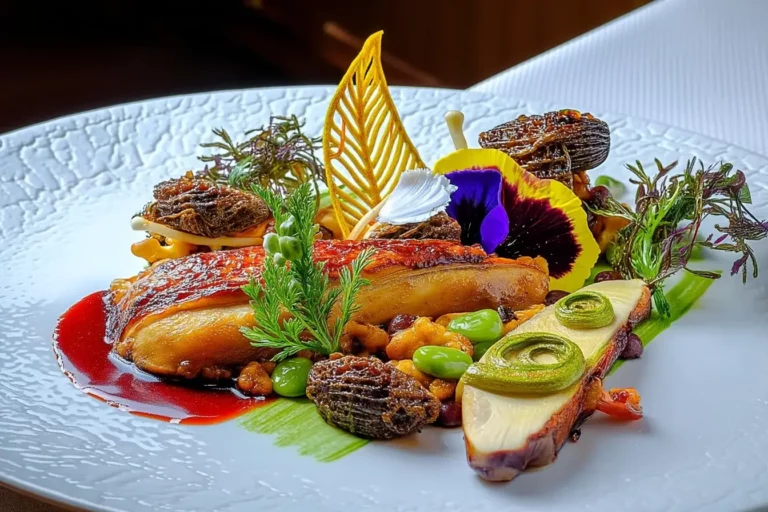 Grilled chicken breast with morel mushrooms, spring vegetables, and red berry jus plated in fine dining style.