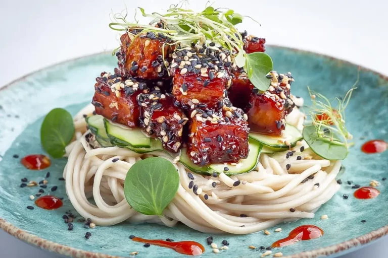 Chilled sesame soba noodles topped with glossy gochujang tofu and sesame seeds