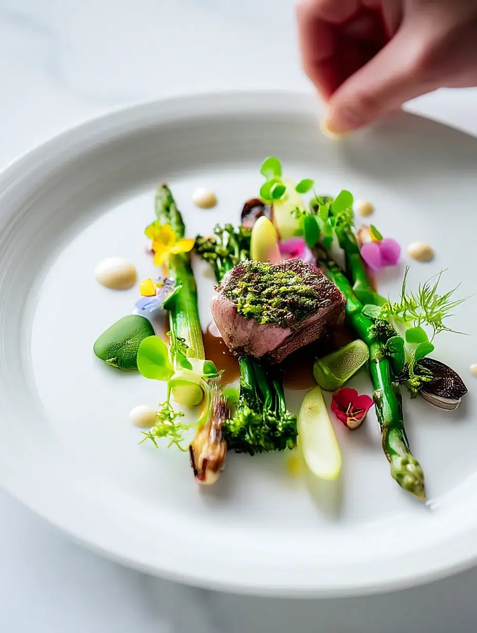 Plating herb-crusted lamb chop with velouté