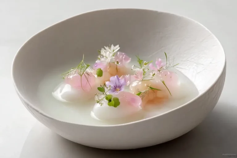 Velours Blanc seafood starter with oyster cream, pearl tapioca, rose essence, and edible flowers served in a white ceramic bowl