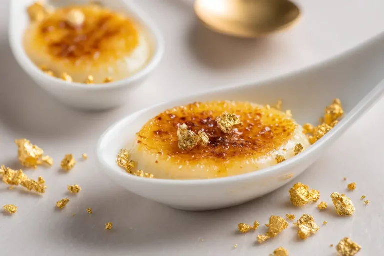 Mini crème brûlée bite with caramelized sugar top and edible gold flakes