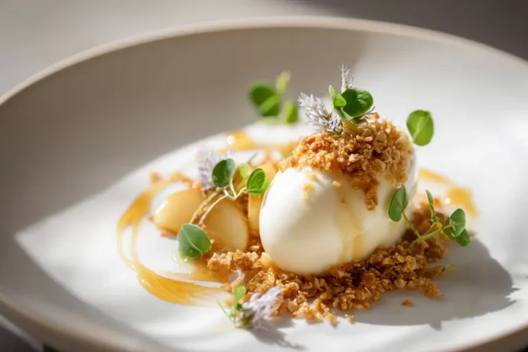 Warm Apple Compote plated with vanilla yogurt quenelle, oat crunch, honey drizzle, and edible flowers on a white ceramic plate.