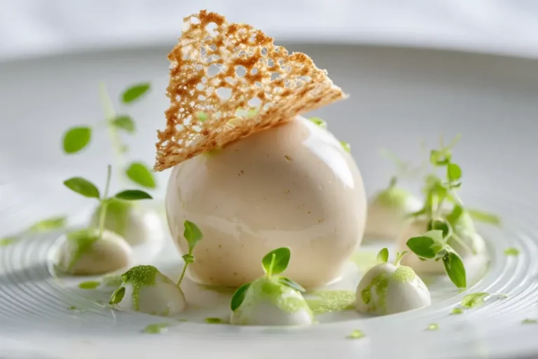 Chicken mousse sphere with herb gel and parmesan crisp