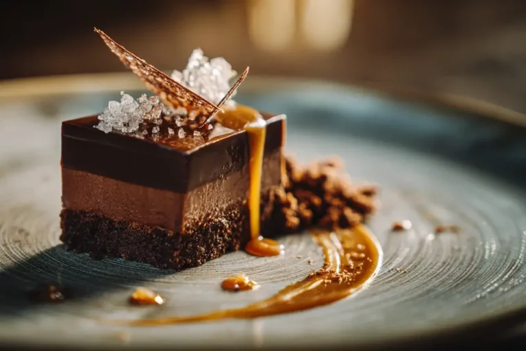 Velvet Chocolate Cube with caramel drizzle and sea salt crystals
