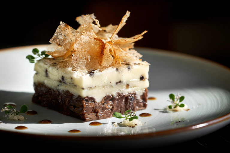 Braised beef Parmentier with creamy potato layer and parmesan crisps